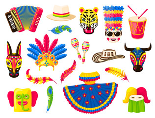 Barranquilla carnival holiday, isolated vector set of items for celebration. Animal masks, dress, costume, feather, crown, maracas, accordion, drum and hat. Traditional folk festivities cartoon icons - obrazy, fototapety, plakaty