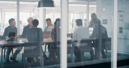 Planning, meeting and business people in a boardroom for collaboration and strategy in a seminar. Diversity, teamwork and a group of employees speaking in an office for ideas, training or a workshop - Powered by Adobe