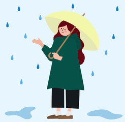 傘を差しながら雨の様子を確認しているレインコートを着た女性のイラスト
