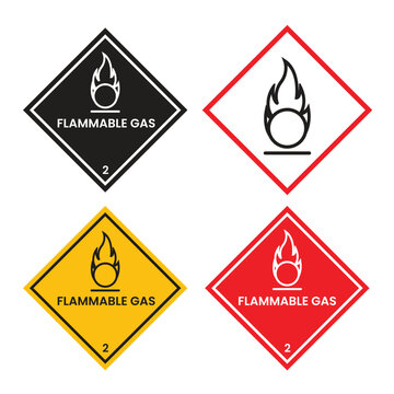 Flammable Gas 2 Signs Icon Set. Explosive Danger Gas Safety Vector Symbol Sticker. Oxygen Tank Fire Warning Pictogram In Red, Yellow, And Black Color.