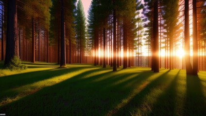 Obraz premium Art perfect view of the landscape of sunset golden hour the mountains and forest with trees and glade. Generative AI