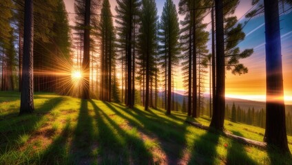 Fototapeta premium Art perfect view of the landscape of sunset golden hour the mountains and forest with trees with shadows and glade. Generative AI