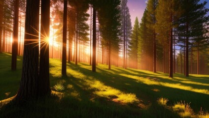 Art perfect view of the landscape of sunset golden hour the mountains and forest with trees with shadows and glade. Generative AI
