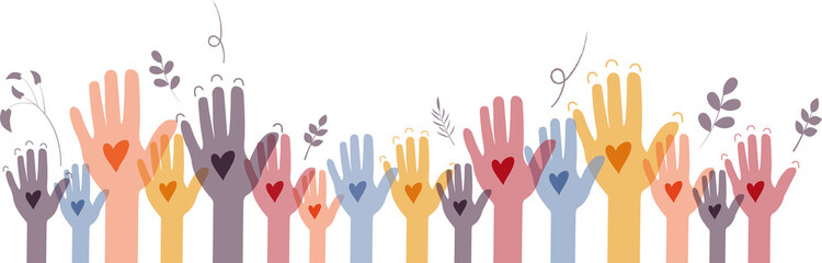 Raised hands. Volunteering, teamwork concert.