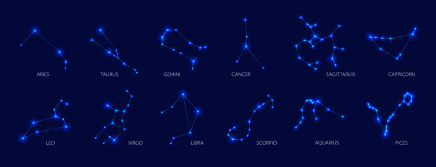 set of glowing blue zodiac constellations  - obrazy, fototapety, plakaty