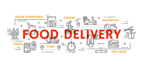 Food delivery. Catering meal transportation, pizza courier service or grocery products shipment line vector poster. Fast food delivery concept with shopping cart, van car and scooter, stopwatch, house