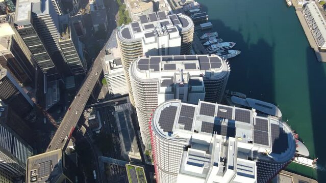 Aerial drone top down view of residential high rise towers at Barangaroo waterfront precinct in Sydney City, NSW Australia on a sunny morning in May 2023     