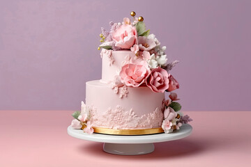 Wedding cake decorated with flowers on a delicate background. Generative AI.