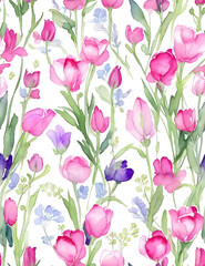 Beautiful floral seamless pattern with hand drawn watercolor wild herbs and flowers. Stock illustration.