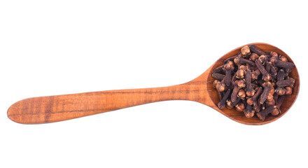 Dried cloves in a wooden spoon isolated transparent png
