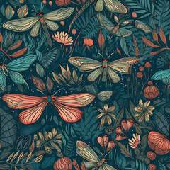 harmonious dragonflies and butterflies in a seamless repeat pattern