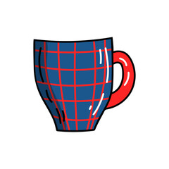 Vector bright colorful doodle style mug with geometric elements blue with red checks. 
