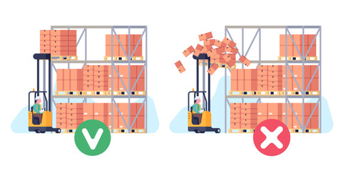 Correct and incorrect forklift stacking of pallets of boxes on rack in warehouse. Safety rules, loading goods in storehouse. Dangerous situation cartoon flat isolated vector concept
