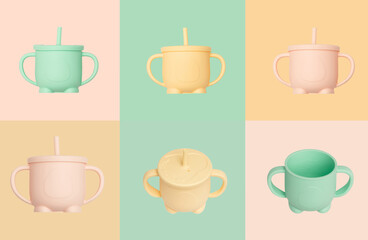 Baby cups of different colors made of silicone on a white background