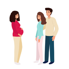 Couple with Surrogate Pregnant woman. Vector illustration flat cartoon style with hand drawn lettering. Adoptive parents. Surrogacy. EPS10