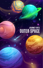 Naklejka premium Space planets on cartoon galaxy universe poster, vector fantasy cosmos background. Cartoon fantasy galaxy planets and stars in sky, outer space journey to alien cosmic and extraterrestrial galactic