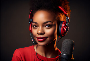 Young african american woman in red t-shirt, radio host with headphones and microphone, portrait . Generate Ai.