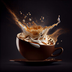 Aromatic coffee splashing in a Cappuccino cup on broun background. Generate Ai.