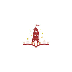 Castle Book Logo Design. Open book with castle icon isolated on white background
