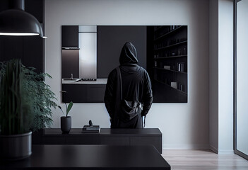 A burglar dressed in all black stands with his back to the camera in a modern apartment. Generate Ai