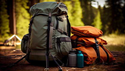 Travel bags in front of a camping tent, hiking gear.. Generate Ai - obrazy, fototapety, plakaty