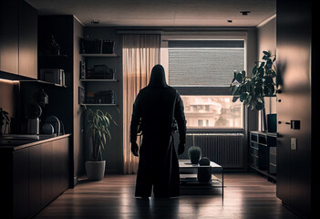 A burglar dressed in all black stands with his back to the camera in a modern apartment. Generate Ai