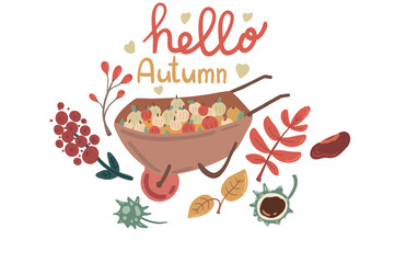 Hello autumn set hand drawn apples and leaves wheelbarrow card