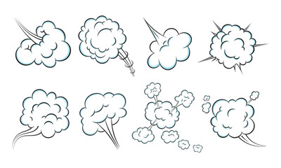 Smelling pop art comic book cartoon fart cloud flat style design vector illustration set. Bad stink or toxic aroma cartoon smoke cloud isolated on white background.