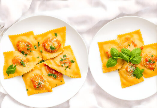 Ravioli on white plate. Food and pastry art photography from Generative AI