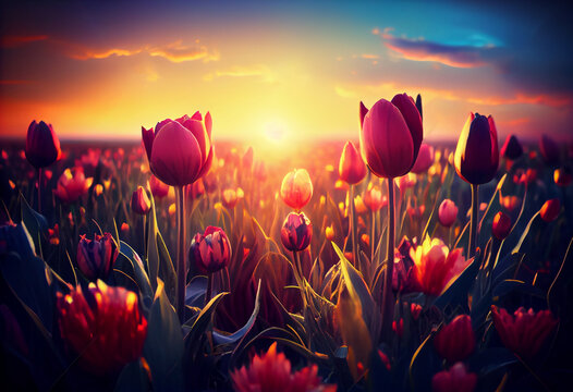 Photo beautiful tulip flowers in grass field with sunset background. Generate Ai