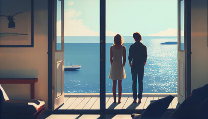 Fototapeta na wymiar Young couple watching the horizon on their terrace - sea, sun. Generate Ai.