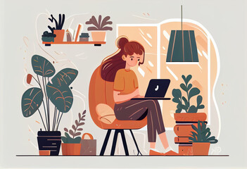 Girl with laptop sitting on the chair. Freelance or studying concept. Generate Ai.