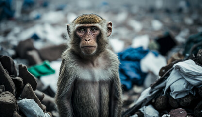 A monkey stand among the piles of plastic waste and the rain. concept of saving the world. Generative AI.