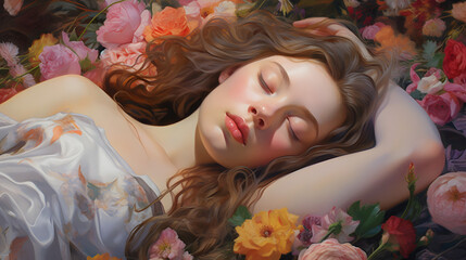 Immerse in the hyperrealistic portrayal of a serene girl's face resting upon a bed of vibrant flowers, each intricate detail captured in exquisite beauty and delicate tranquility. Generative AI