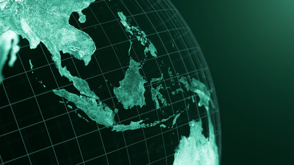 3D render of indonesia globe map, Technology and Futuristic blue green line glowing Earth Background