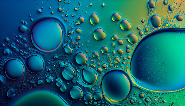 Abstract bright colorful background with drops of oil and water in blue and turquoise tones, macro. . Generate Ai.