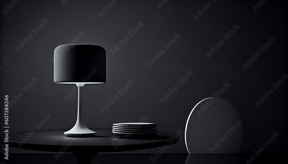 Poster beautiful minimalistic presentation background with a table and a white lamp against a black texture