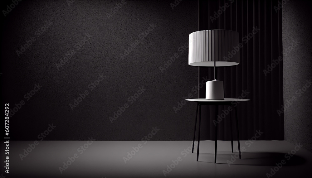 Poster beautiful minimalistic presentation background with a table and a white lamp against a black texture