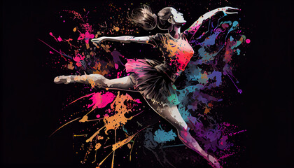 Ballet dancer splash colorful illustration, black background with copy space . Generate Ai.