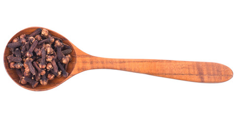 dry spice cloves in wooden spoon isolated transparent png