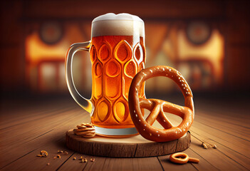 Beer and Pretzel on wooden background, Oktoberfest. Generate Ai.