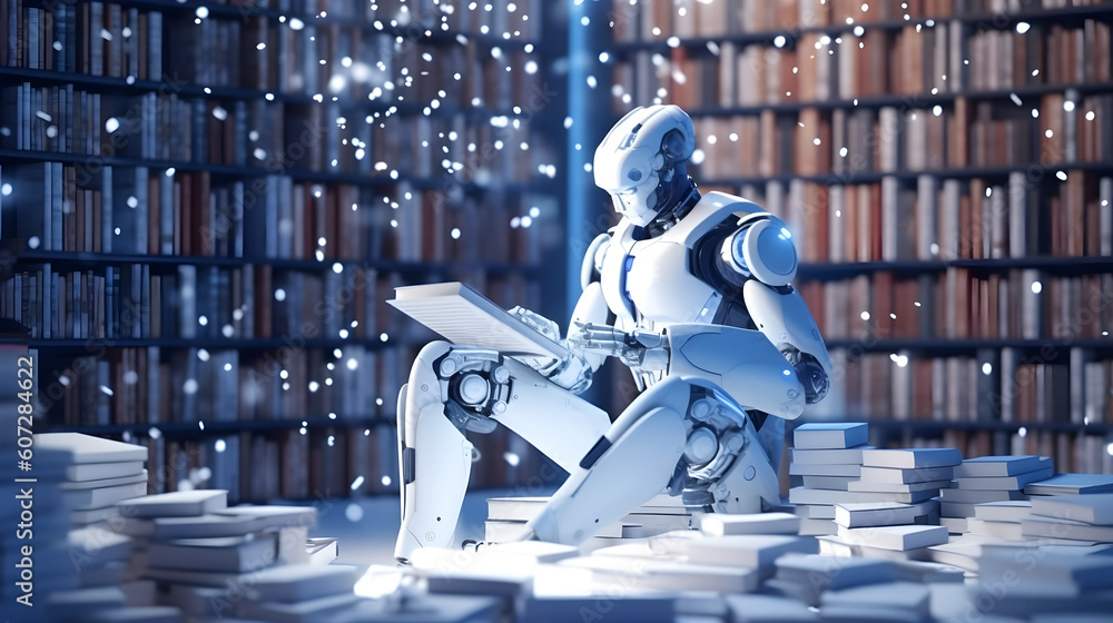 Aufkleber ai humannoid robot reading book in library. artificial intelligence, machine learning, innovation, f