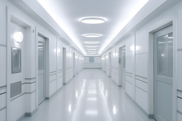 hospital corridor, interior of modern hospital, professional vibe, clean and tidy, no people background, Generative AI