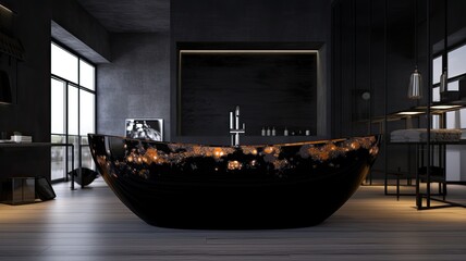 Obraz premium Modern black bathtub with cool epoxy resin decoration to be real luxury your bathroom, and yes which everyone will admire. Generative AI Technology 