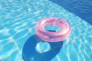 Fototapeta na wymiar a pink inflatable ring floating on the surface of water in swimming pool, summertime, outdoor activity, sport, vacation concept minimal background. Generative AI