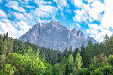 Naklejka premium Clouds over the mountain peak . Green coniferous forest and mountain scenery 