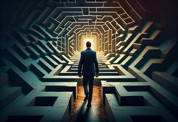 Obraz na płótnie Canvas Businessman getting ready to enter a labyrinth concept. Generate Ai.