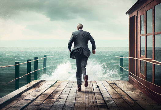 Businessman running on the docks close to the sea. Generate Ai.