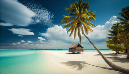Coconut Palm tree on amazing perfect white sandy beach in island of Maldives. . Generate Ai.