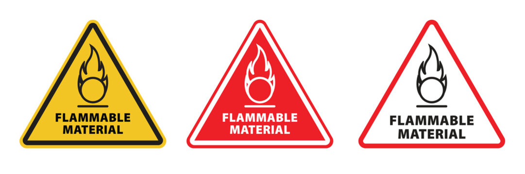 Flammable Material Warning Icon Symbol Set In Red, Yellow, And Black Color. Fire Dangerous Caution Pictogram.